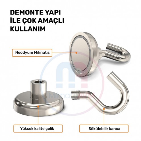 Ø12x4 mm Dişi Bağlantılı - Kancalı - Neodyum Pot Mıknatıs